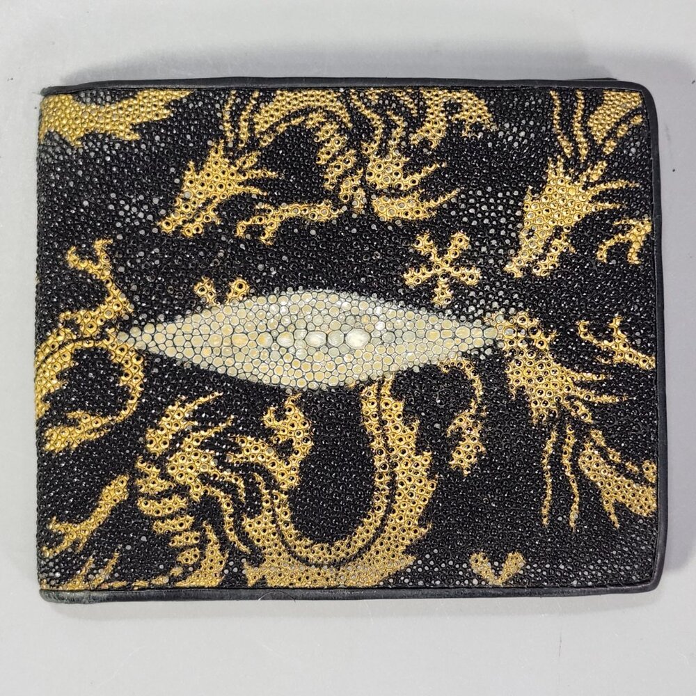 Findig Stingray Bifold Wallet Men Black with Gold Dragon Motif ID Flap Zipper
